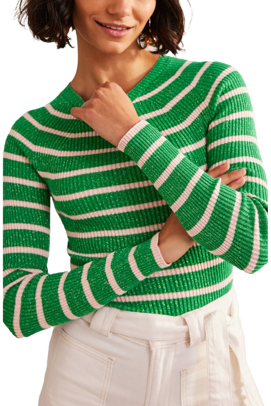 BODEN Effie Sparkle Stripe Sweater Green Pink Metallic Ribbed Knit Large